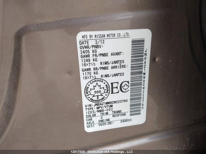 2012 Nissan Murano S/Sl/Le VIN: JN8AZ1MW8CW223780 Lot: 12017535