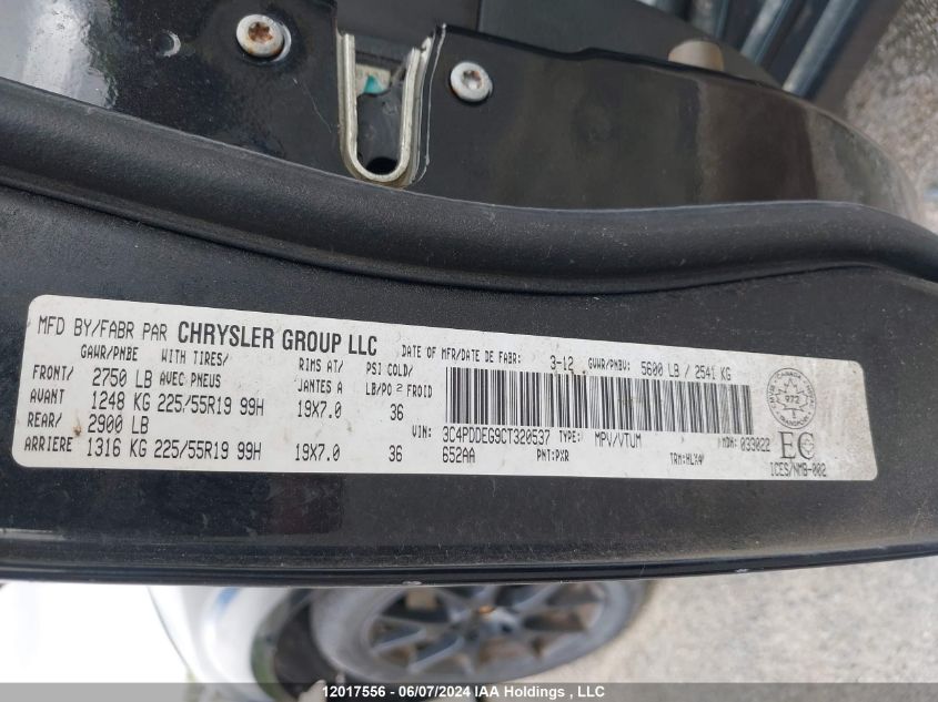 2012 Dodge Journey VIN: 3C4PDDEG9CT320537 Lot: 12017556