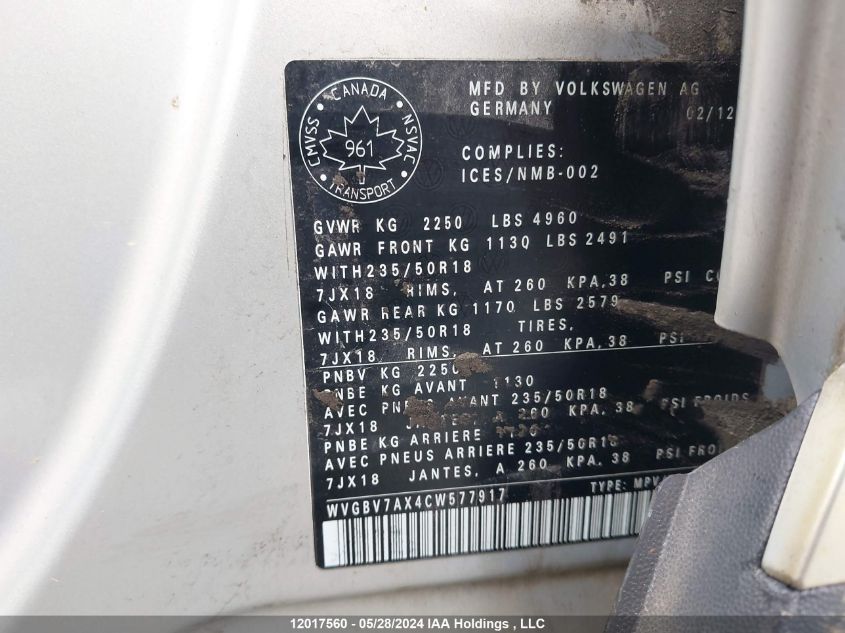 2012 Volkswagen Tiguan VIN: WVGBV7AX4CW577917 Lot: 12017560