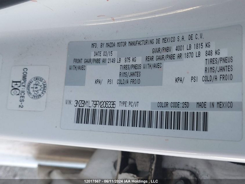 2015 Mazda Mazda3 VIN: 3MZBM1L79FM206335 Lot: 12017567