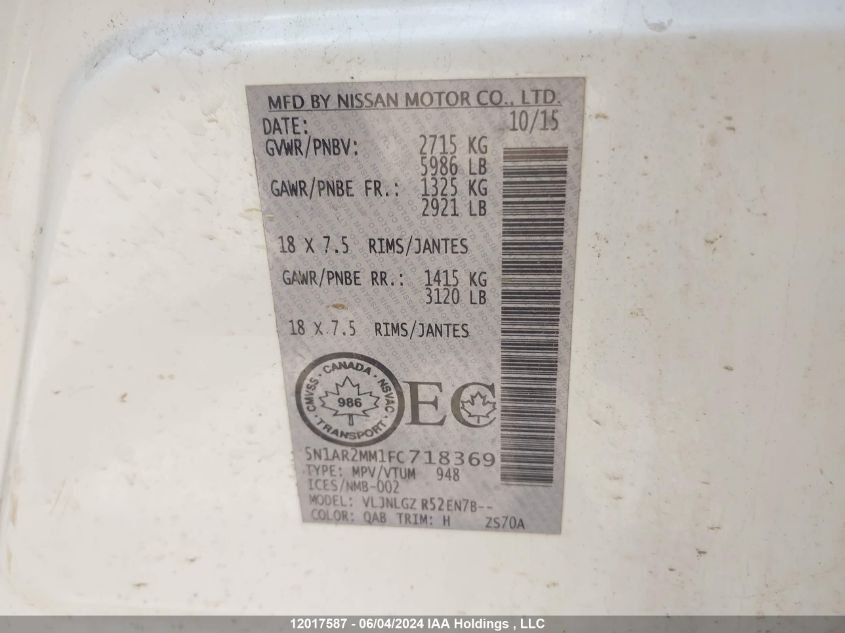 2015 Nissan Pathfinder VIN: 5N1AR2MM1FC718369 Lot: 12017587