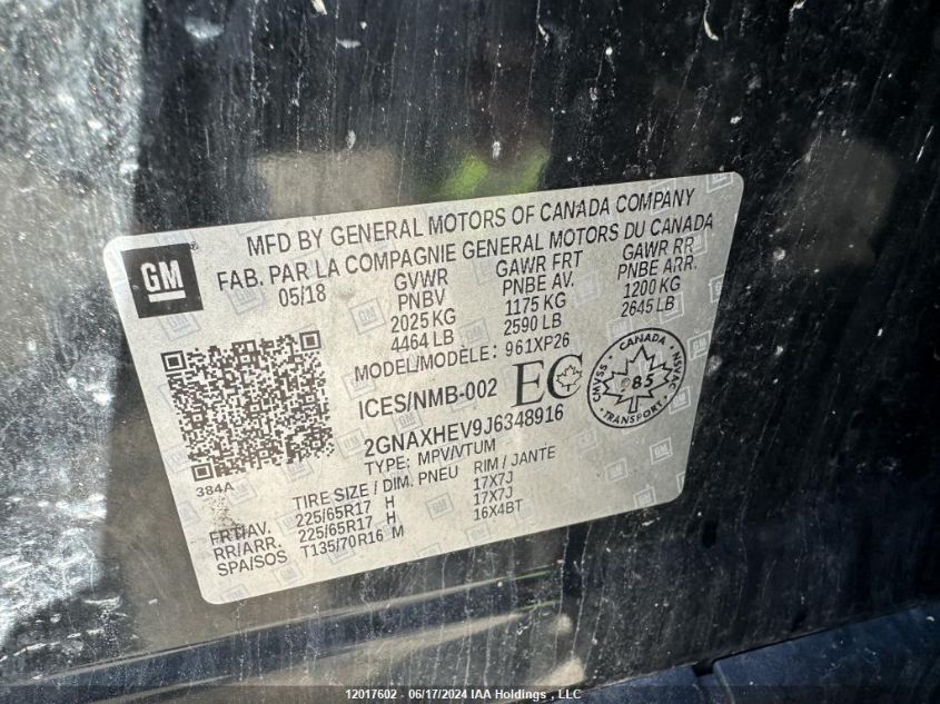 2018 Chevrolet Equinox VIN: 2GNAXHEV9J6348916 Lot: 12017602