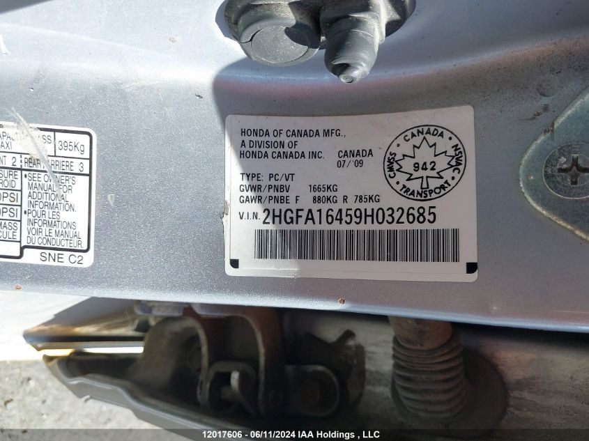 2009 Honda Civic Dx-G VIN: 2HGFA16459H032685 Lot: 12017606