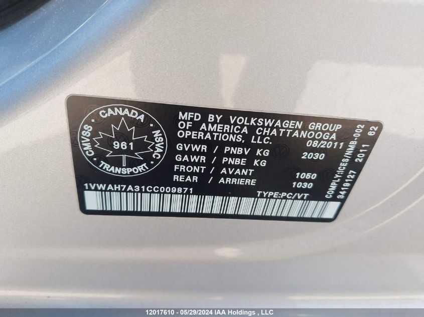 2012 Volkswagen Passat VIN: 1VWAH7A31CC009871 Lot: 12017610