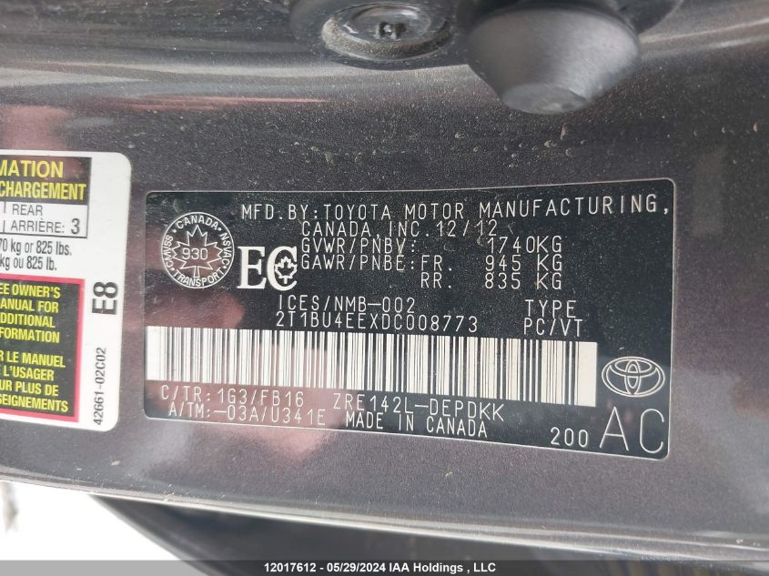 2013 Toyota Corolla S/Le VIN: 2T1BU4EEXDC008773 Lot: 12017612