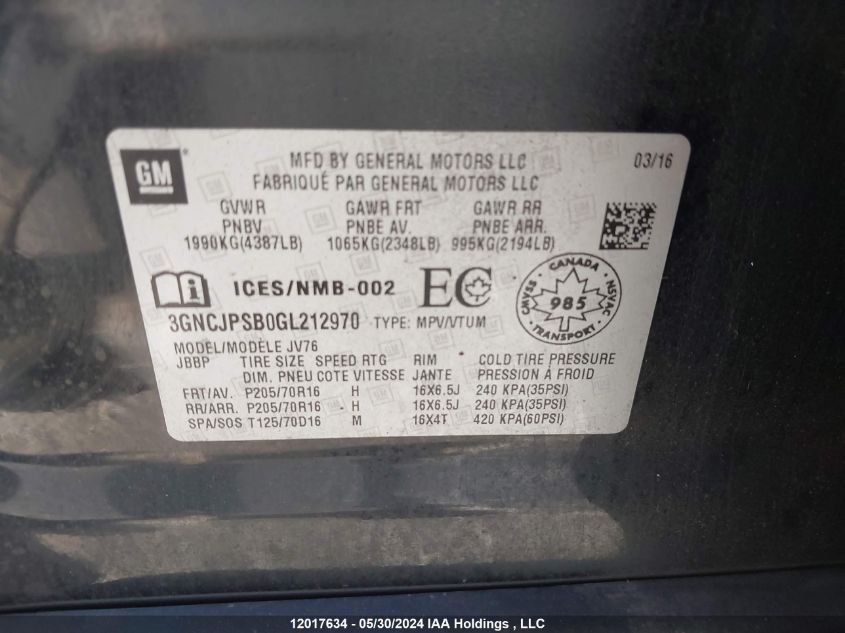 2016 Chevrolet Trax 1Lt VIN: 3GNCJPSB0GL212970 Lot: 12017634