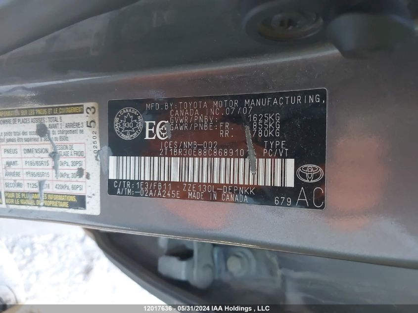 2008 Toyota Corolla Ce/Le/S VIN: 2T1BR30E88C868910 Lot: 12017636