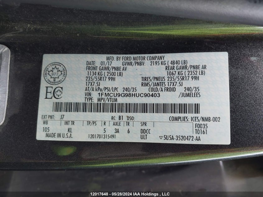 2017 Ford Escape VIN: 1FMCU9G98HUC90403 Lot: 12017648