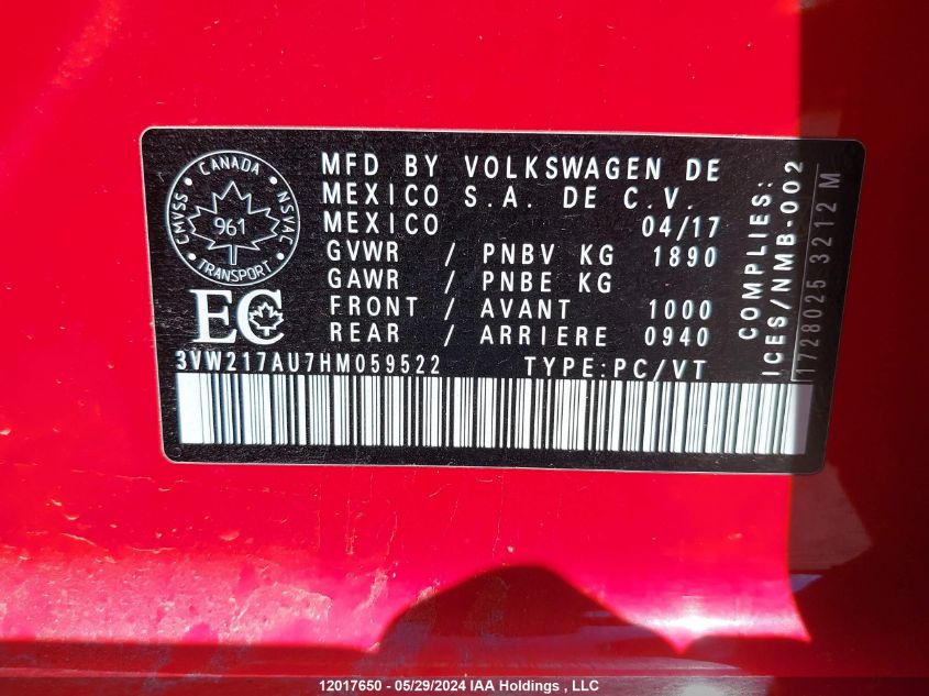 2017 Volkswagen Golf VIN: 3VW217AU7HM059522 Lot: 12017650