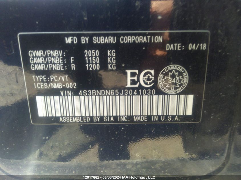 2018 Subaru Legacy 2.5I Limited VIN: 4S3BNDN65J3041030 Lot: 12017662