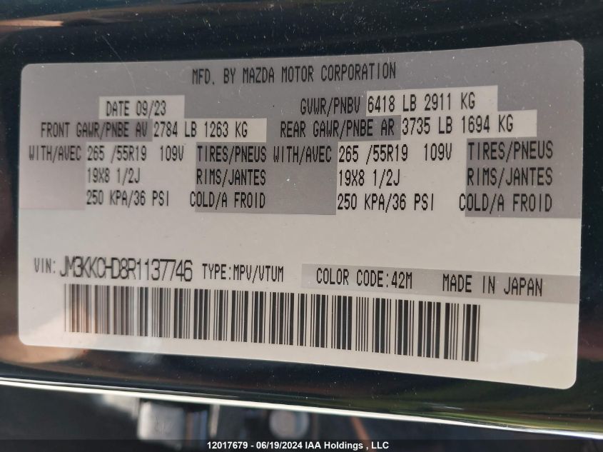 2024 Mazda Cx90 Mhev VIN: JM3KKCHD8R1137746 Lot: 12017679