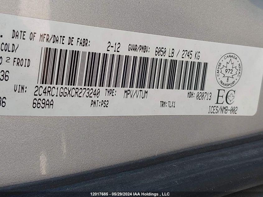 2012 Chrysler Town & Country Limited VIN: 2C4RC1GGXCR273240 Lot: 12017685