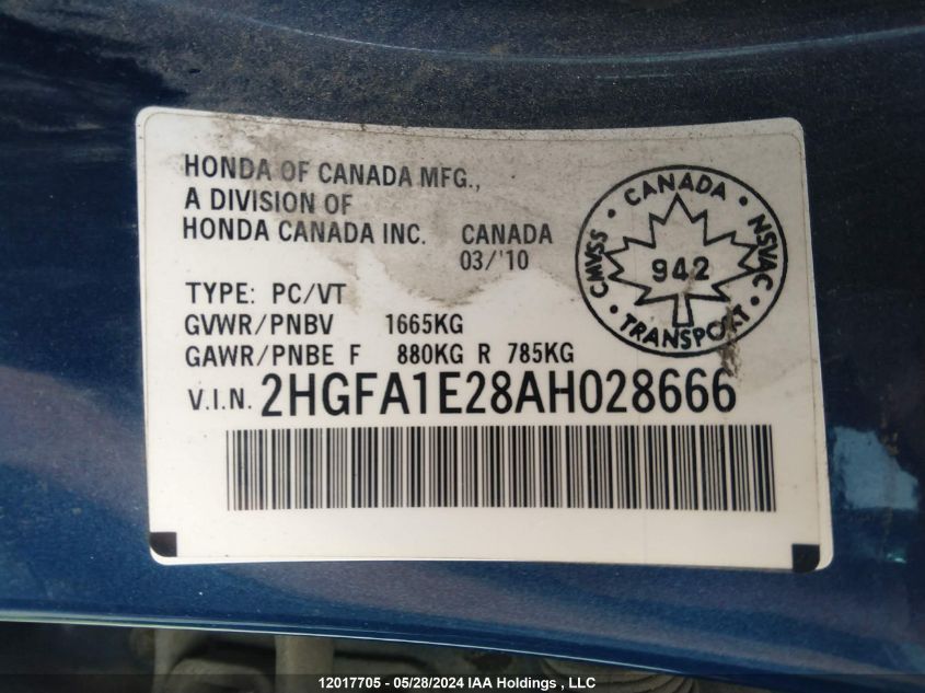 2010 Honda Civic Dx VIN: 2HGFA1E28AH028666 Lot: 12017705