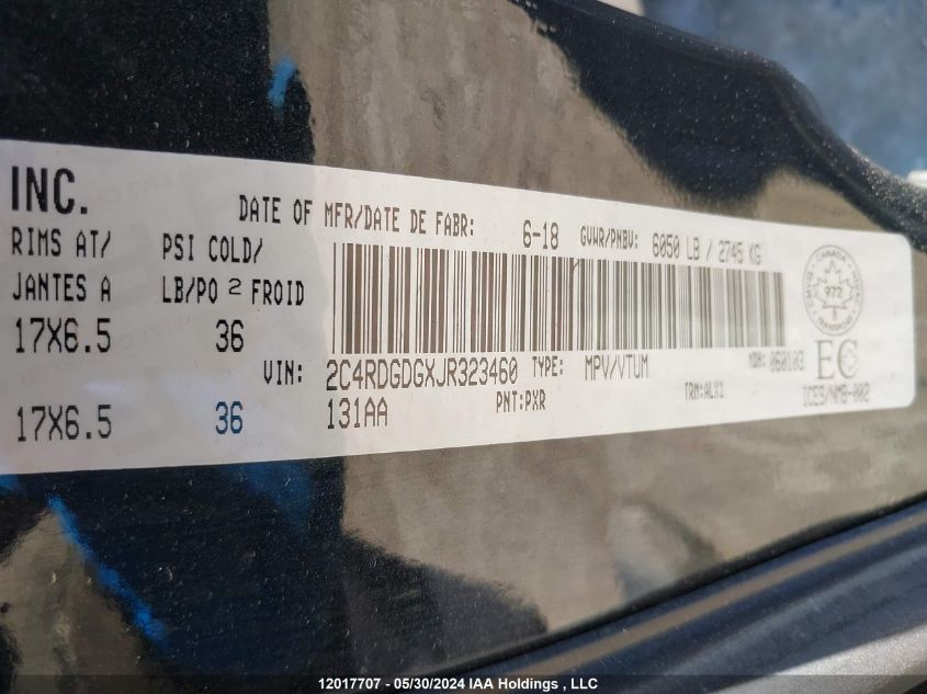 2018 Dodge Grand Caravan Crew VIN: 2C4RDGDGXJR323460 Lot: 12017707