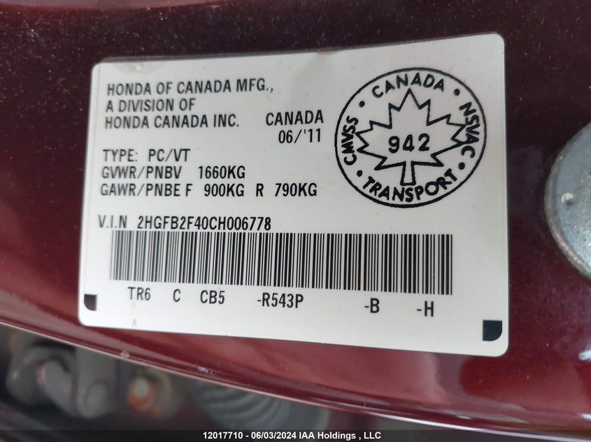 2012 Honda Civic Sdn VIN: 2HGFB2F40CH006778 Lot: 12017710