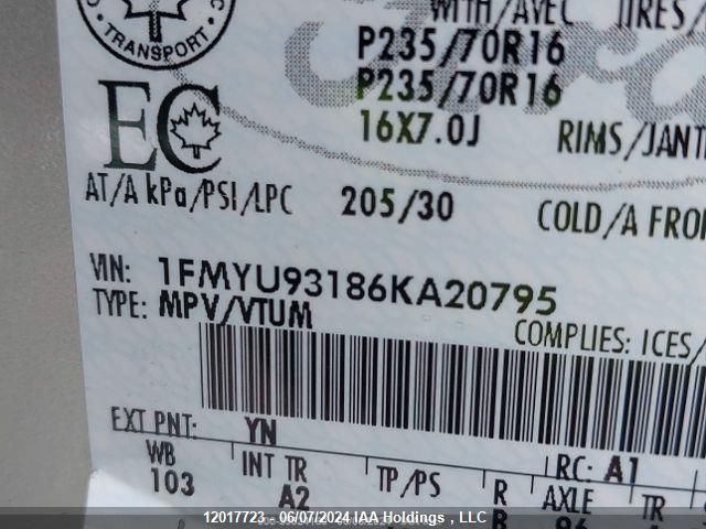 2006 Ford Escape VIN: 1FMYU93186KA20795 Lot: 12017723