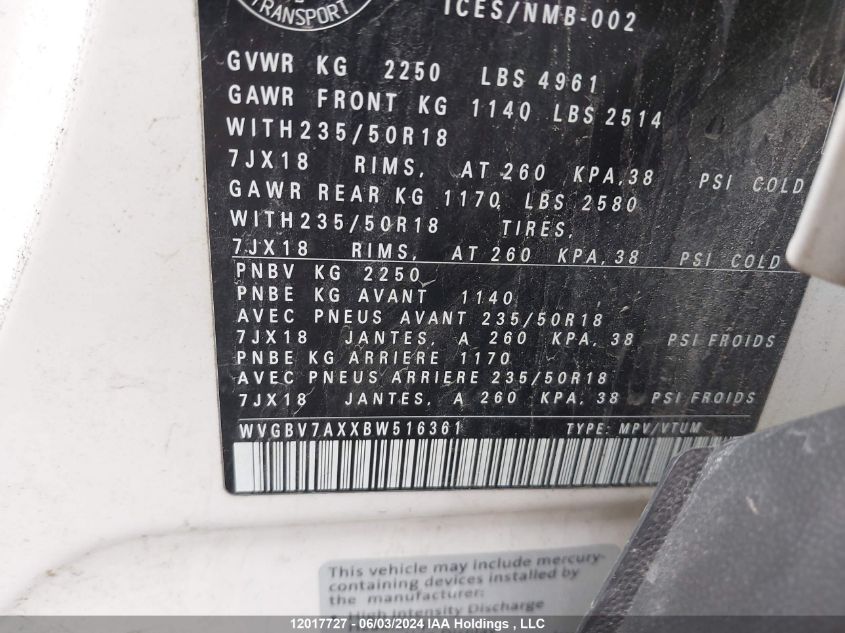 2011 Volkswagen Tiguan VIN: WVGBV7AXXBW516361 Lot: 12017727