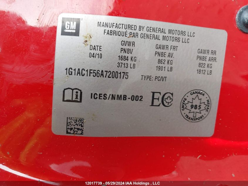 2010 Chevrolet Cobalt 1Lt VIN: 1G1AC1F56A7200175 Lot: 12017739