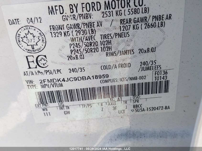 2013 Ford Edge Sel VIN: 2FMDK4JC9DBA18959 Lot: 12017741