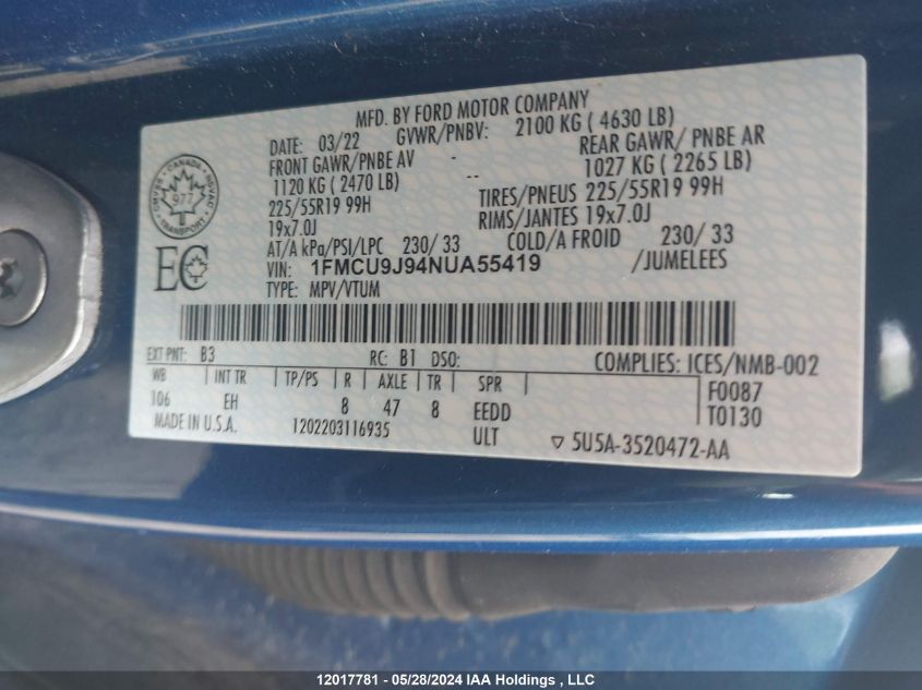 2022 Ford Escape Titanium VIN: 1FMCU9J94NUA55419 Lot: 12017781