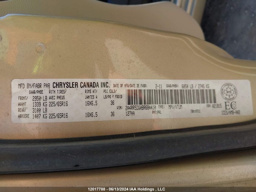 2011 Chrysler Town & Country Touring VIN: 2A4RR5DG0BR684410 Lot: 12017788