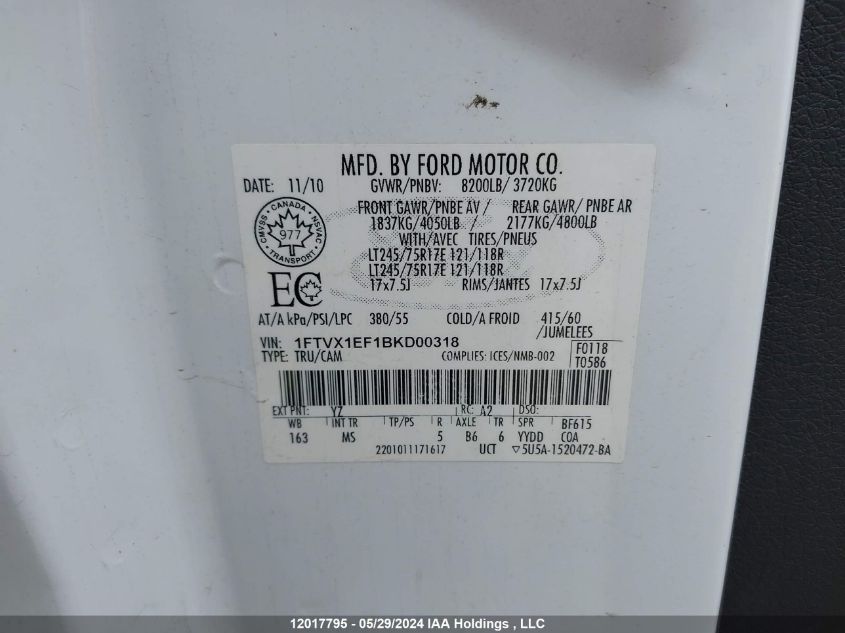 2011 Ford F150 Super Cab VIN: 1FTVX1EF1BKD00318 Lot: 12017795