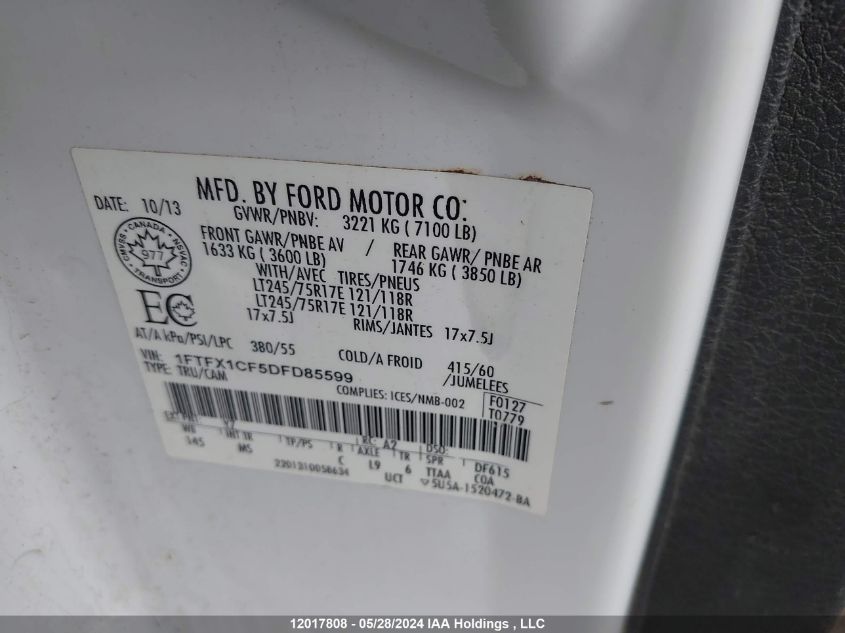 2013 Ford F150 Super Cab VIN: 1FTFX1CF5DFD85599 Lot: 12017808