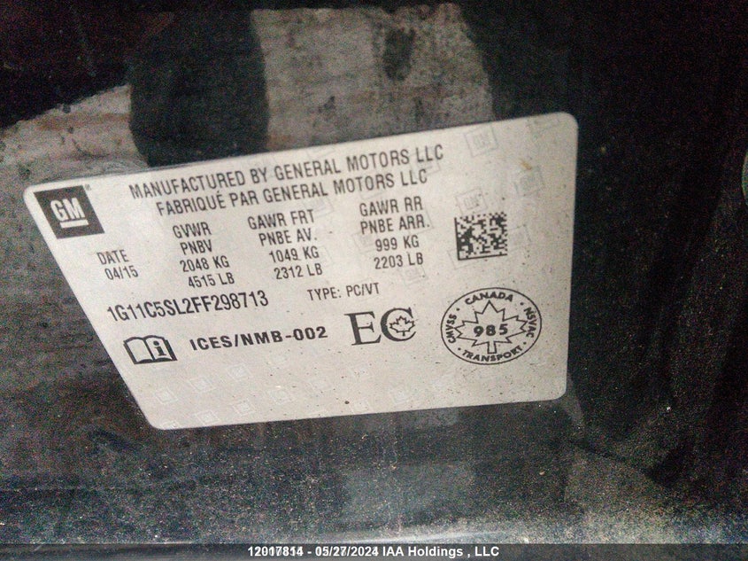 2015 Chevrolet Malibu VIN: 1G11C5SL2FF298713 Lot: 12017814