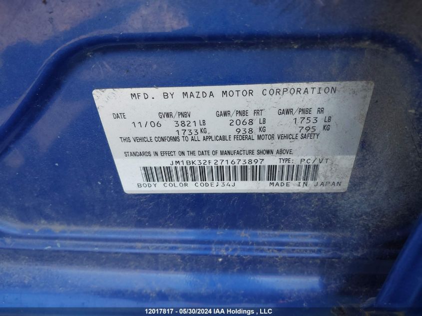 2007 Mazda 3 I VIN: JM1BK32F271673897 Lot: 12017817