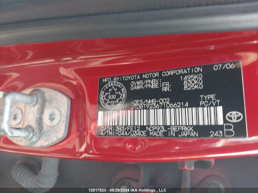 2007 Toyota Yaris VIN: JTDBT923671066214 Lot: 12017823