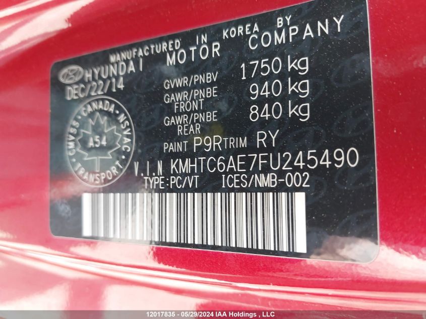 2015 Hyundai Veloster Turbo VIN: KMHTC6AE7FU245490 Lot: 12017835