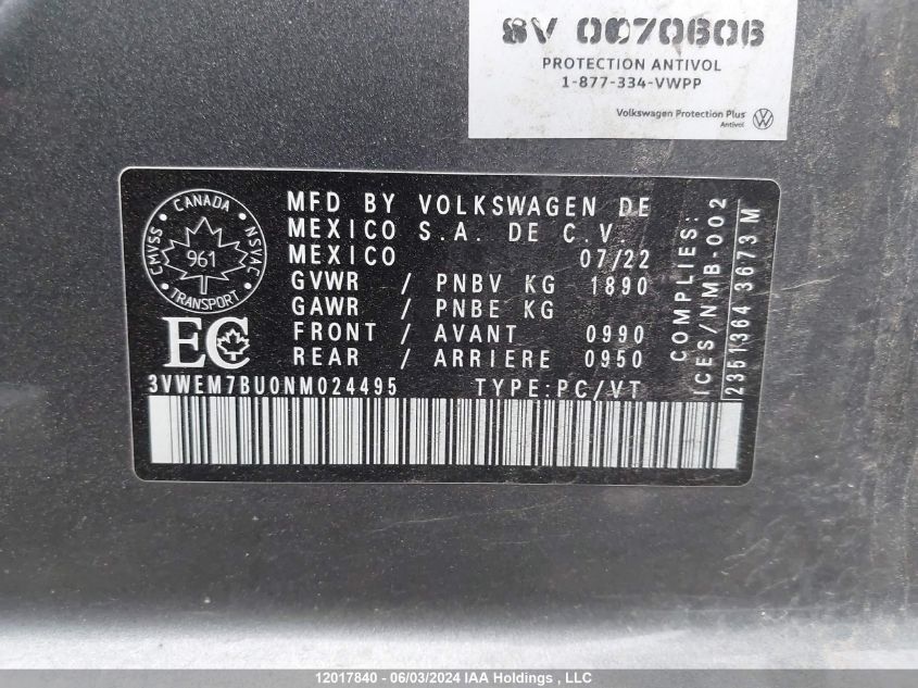 2022 Volkswagen Jetta VIN: 3VWEM7BU0NM024495 Lot: 12017840