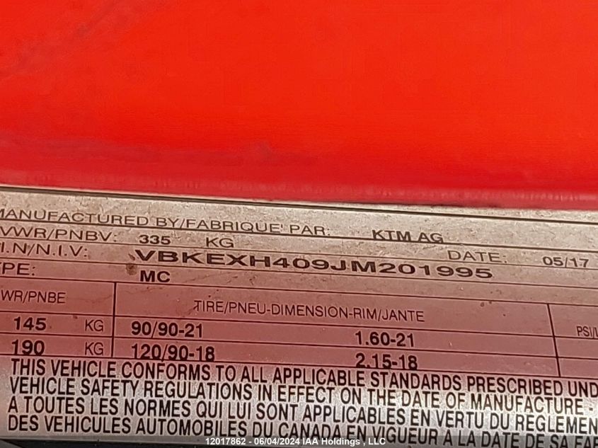 2018 Ktm 350 Exc-F VIN: VBKEXH409JM201995 Lot: 12017862