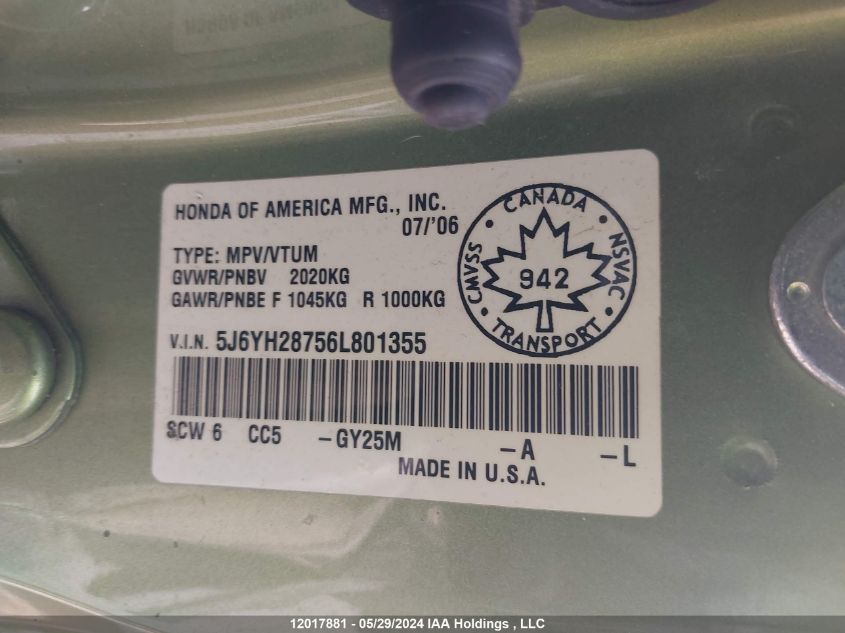 2006 Honda Element Ex VIN: 5J6YH28756L801355 Lot: 12017881