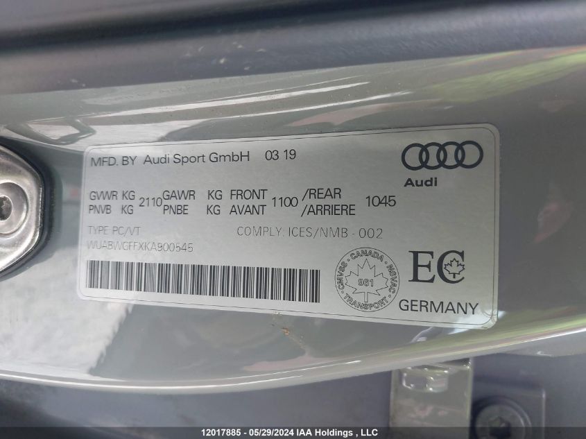 2019 Audi Rs 3 Sedan VIN: WUABWGFFXKA900545 Lot: 12017885