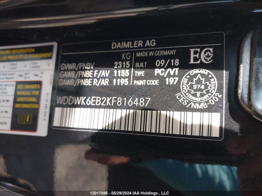 2019 Mercedes-Benz C-Class VIN: WDDWK6EB2KF816487 Lot: 12017886