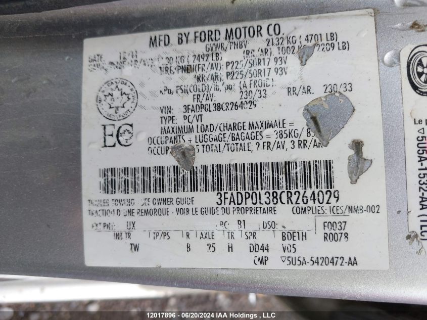 2012 Ford Fusion Hybrid VIN: 3FADP0L38CR264029 Lot: 12017896