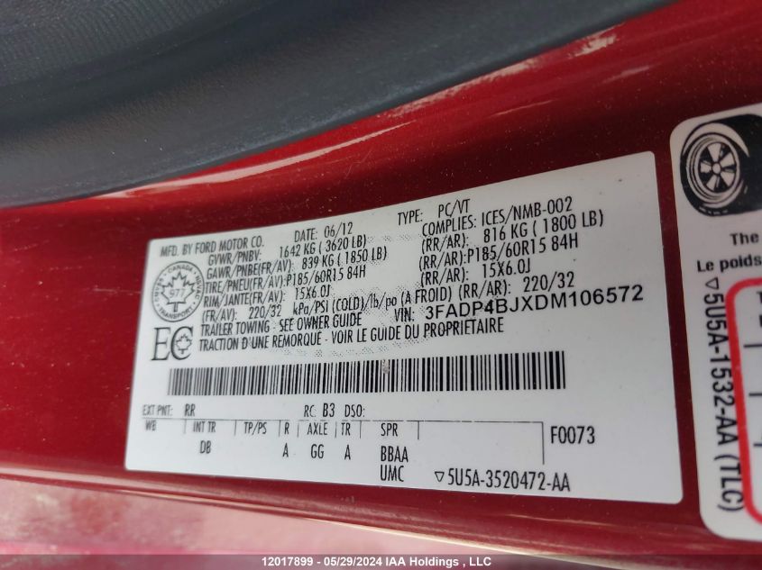 2013 Ford Fiesta Se VIN: 3FADP4BJXDM106572 Lot: 12017899