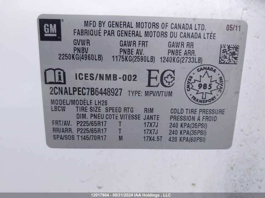 2011 Chevrolet Equinox VIN: 2CNALPEC7B6448927 Lot: 12017904