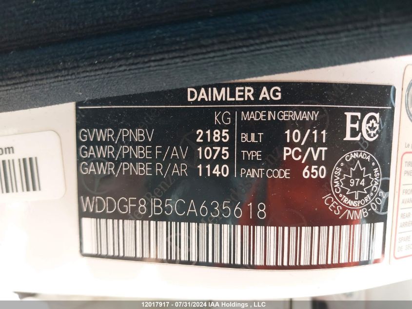 2012 Mercedes-Benz C-Class VIN: WDDGF8JB5CA635618 Lot: 12017917