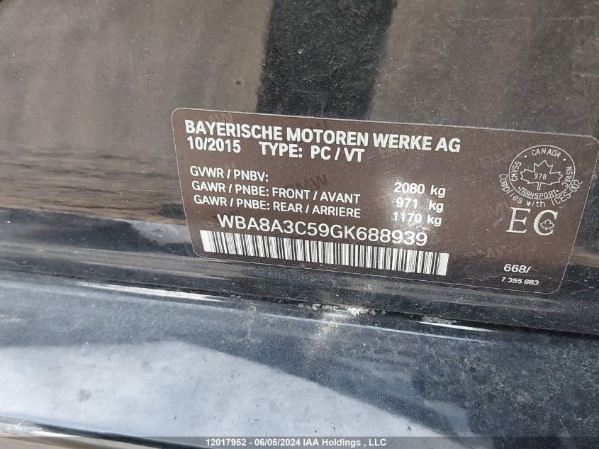 2016 BMW 3 Series VIN: WBA8A3C59GK688939 Lot: 12017952