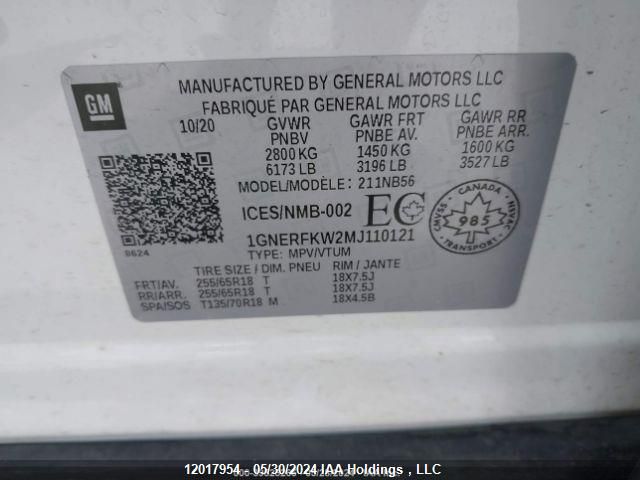 2021 Chevrolet Traverse Ls VIN: 1GNERFKW2MJ110121 Lot: 12017954