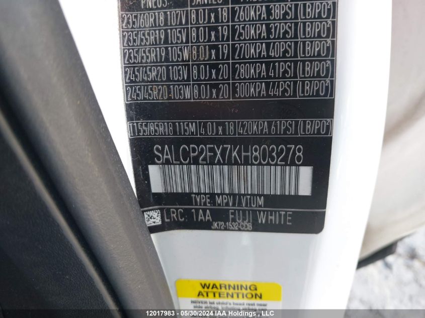 2019 Land Rover Discovery Sport Se VIN: SALCP2FX7KH803278 Lot: 12017983