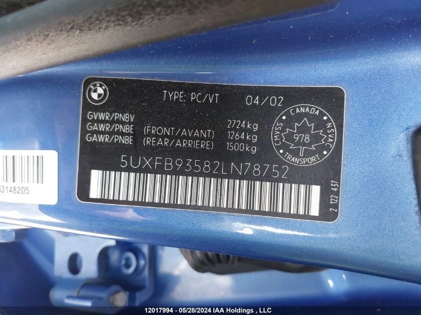 2002 BMW X5 4.6Is VIN: 5UXFB93582LN78752 Lot: 12017994
