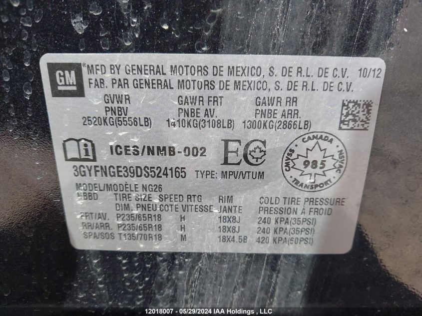2013 Cadillac Srx Luxury Collection VIN: 3GYFNGE39DS524165 Lot: 12018007