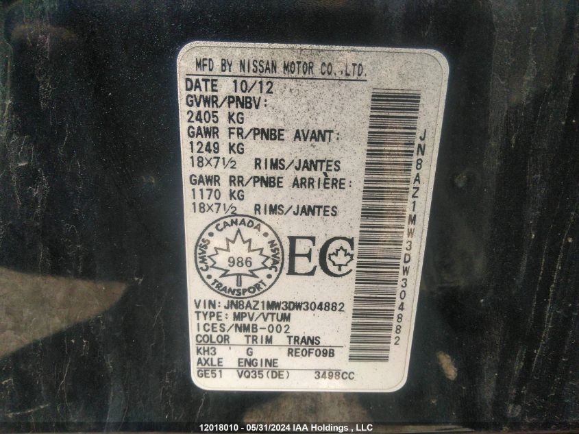 2013 Nissan Murano VIN: JN8AZ1MW3DW304882 Lot: 12018010