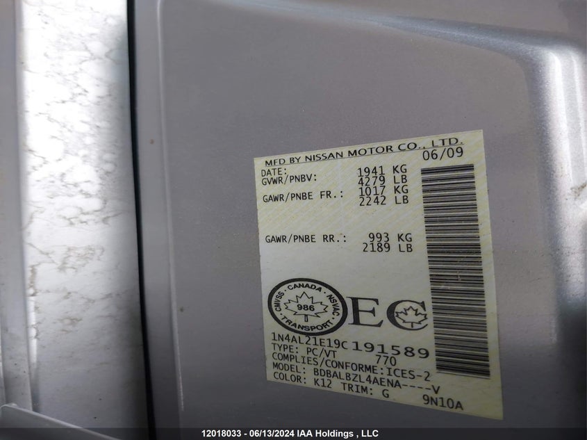 2009 Nissan Altima 2.5/2.5S VIN: 1N4AL21E19C191589 Lot: 12018033