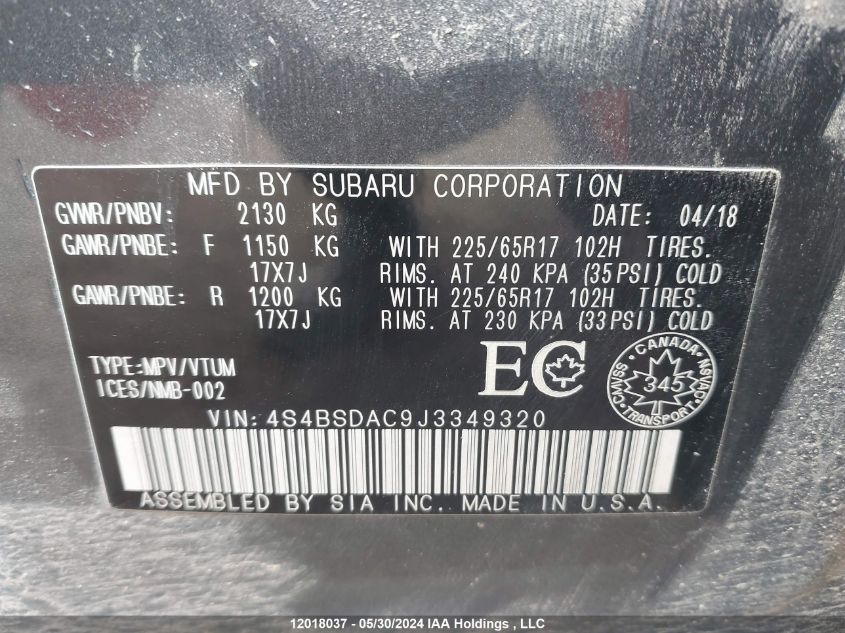 2018 Subaru Outback VIN: 4S4BSDAC9J3349320 Lot: 12018037