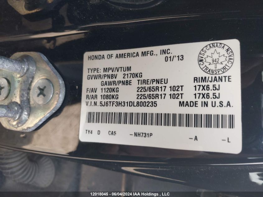 2013 Honda Crosstour Ex VIN: 5J6TF3H31DL800235 Lot: 12018045