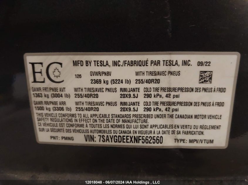 2022 Tesla Model Y VIN: 7SAYGDEEXNF562560 Lot: 12018048